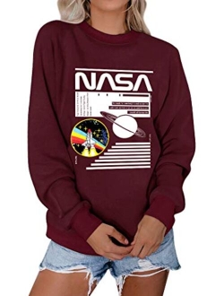 WLLW Women Long Sleeve Crew Neck NASA Letter Print NASA Shirt Blouse Sweatshirt