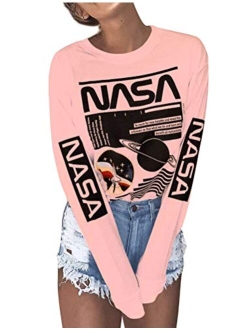 WLLW Women Long Sleeve Crew Neck NASA Letter Print NASA Shirt Blouse Sweatshirt