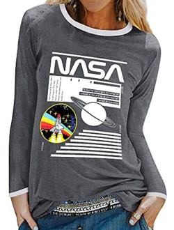 WLLW Women Long Sleeve Crew Neck NASA Letter Print NASA Shirt Blouse Sweatshirt