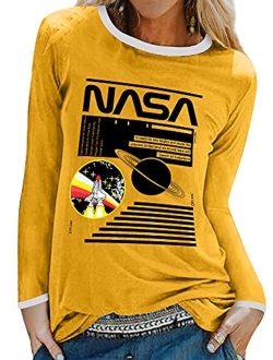 WLLW Women Long Sleeve Crew Neck NASA Letter Print NASA Shirt Blouse Sweatshirt