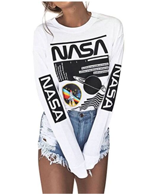 WLLW Women Long Sleeve Crew Neck NASA Letter Print NASA Shirt Blouse Sweatshirt