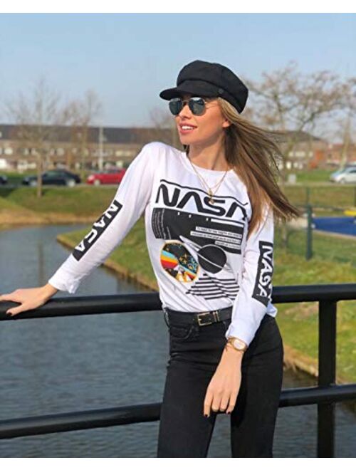 WLLW Women Long Sleeve Crew Neck NASA Letter Print NASA Shirt Blouse Sweatshirt