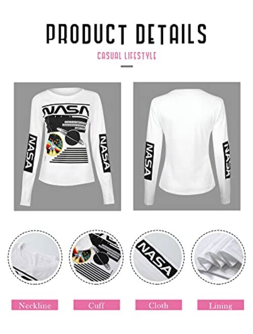 WLLW Women Long Sleeve Crew Neck NASA Letter Print NASA Shirt Blouse Sweatshirt