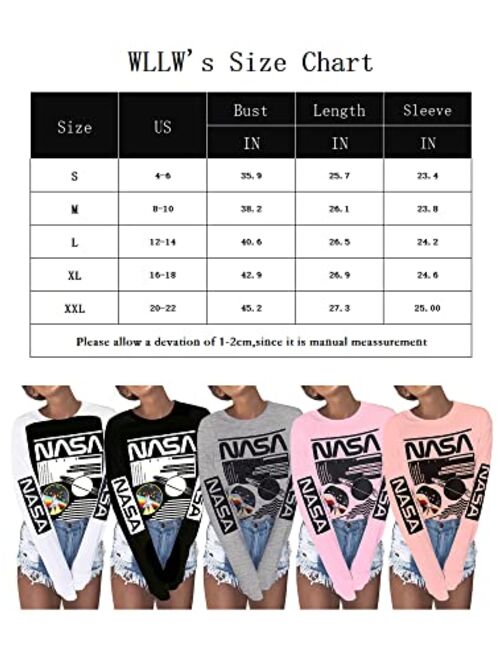 WLLW Women Long Sleeve Crew Neck NASA Letter Print NASA Shirt Blouse Sweatshirt