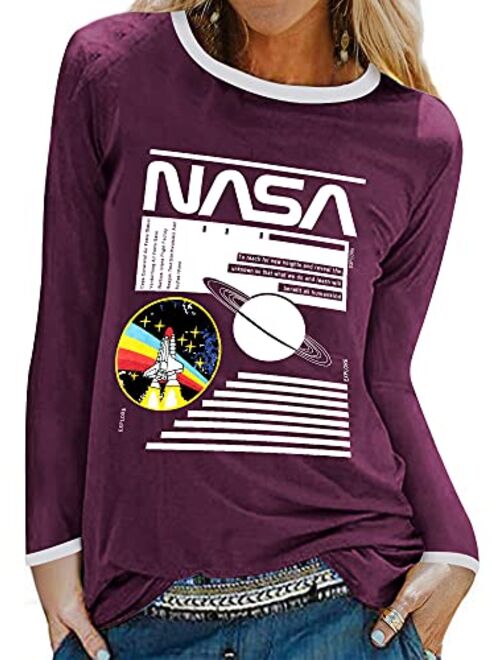 WLLW Women Long Sleeve Crew Neck NASA Letter Print NASA Shirt Blouse Sweatshirt