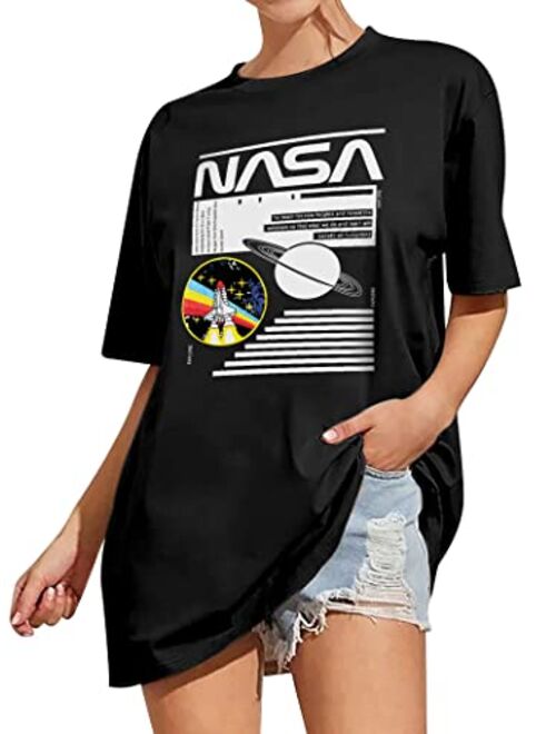 WLLW Women Long Sleeve Crew Neck NASA Letter Print NASA Shirt Blouse Sweatshirt