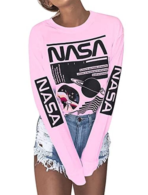 WLLW Women Long Sleeve Crew Neck NASA Letter Print NASA Shirt Blouse Sweatshirt