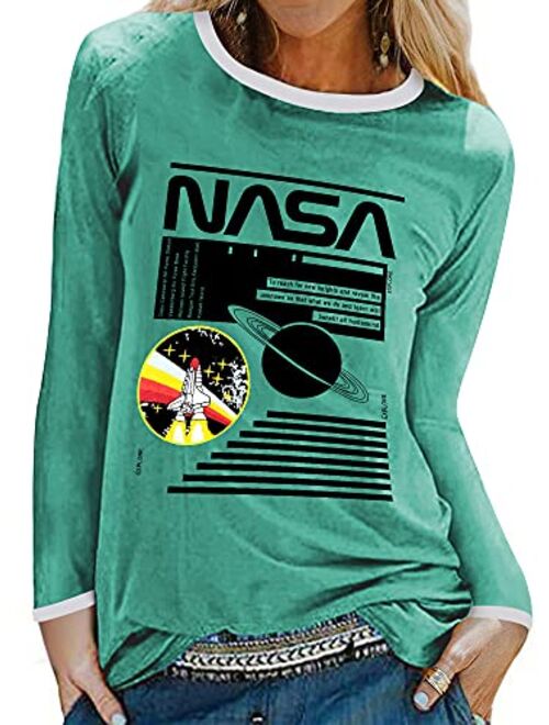 WLLW Women Long Sleeve Crew Neck NASA Letter Print NASA Shirt Blouse Sweatshirt