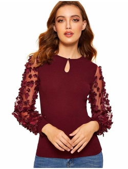 Women's Petite Slim Fit Mesh Long Sleeve 3D Embroidered Floral Blouse Shirt Top