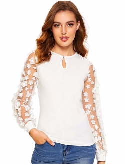 Women's Petite Slim Fit Mesh Long Sleeve 3D Embroidered Floral Blouse Shirt Top