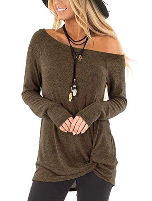 TEMOFON Women's Shirts Cold Shoulder Tops Long Sleeve/Short Sleeve Casual Fashion Knot Twist Front Blouse T-Shirt S-2XL