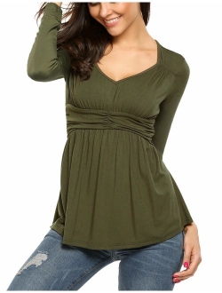 SoTeer Women Deep V-Neck Empire Waist Ruched Slimming T-Shirt Blouse Top (7 Colors S-XXL)