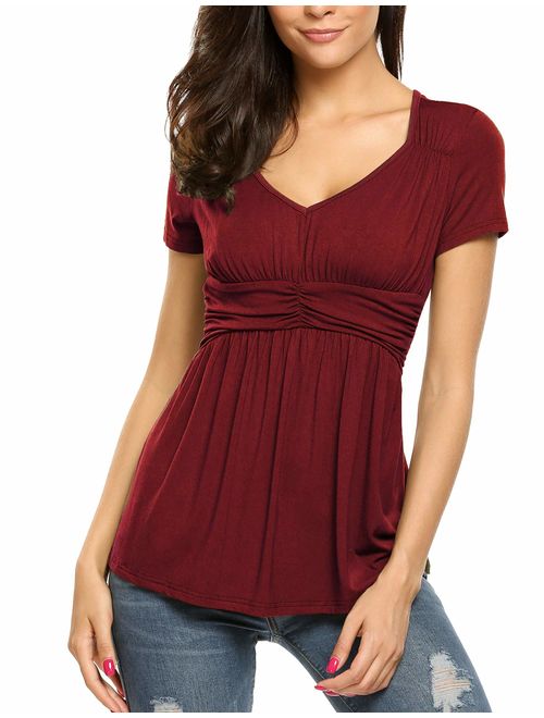 SoTeer Women Deep V-Neck Empire Waist Ruched Slimming T-Shirt Blouse Top (7 Colors S-XXL)