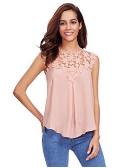 Women's Lace Neckline Sleeveless Chiffon Blouse Top