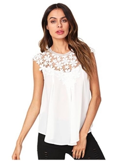 Women's Lace Neckline Sleeveless Chiffon Blouse Top