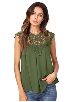 Women's Lace Neckline Sleeveless Chiffon Blouse Top