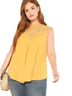 Women's Lace Neckline Sleeveless Chiffon Blouse Top