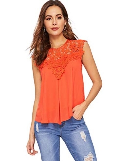 Women's Lace Neckline Sleeveless Chiffon Blouse Top