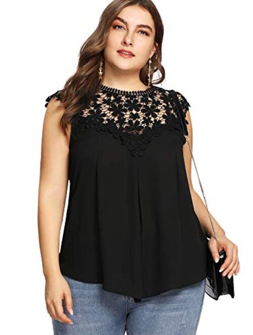 Floerns Women's Lace Neckline Sleeveless Chiffon Blouse Top