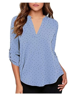 roswear Women's Casual Polka Dot Roll Tab Long Sleeve Blouse Top