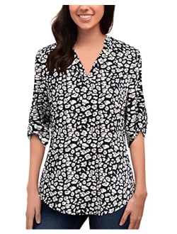 roswear Women's Casual Polka Dot Roll Tab Long Sleeve Blouse Top