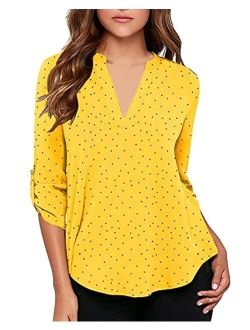 roswear Women's Casual Polka Dot Roll Tab Long Sleeve Blouse Top