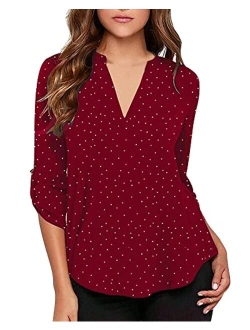 roswear Women's Casual Polka Dot Roll Tab Long Sleeve Blouse Top