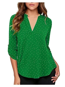 roswear Women's Casual Polka Dot Roll Tab Long Sleeve Blouse Top