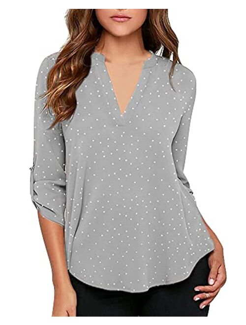 roswear Women's Casual Polka Dot Roll Tab Long Sleeve Blouse Top