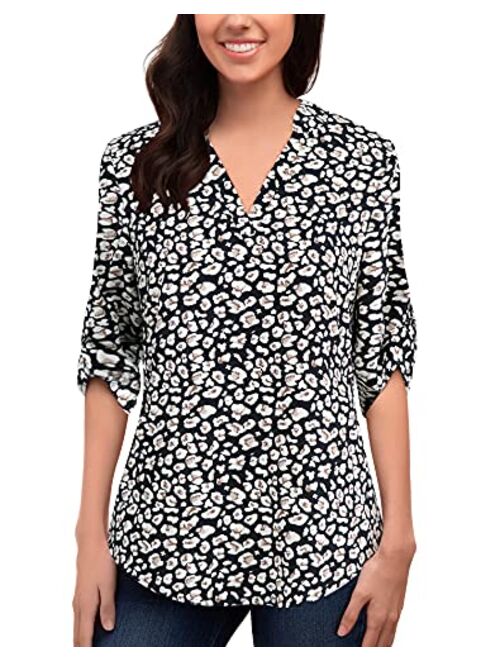 roswear Women's Casual Polka Dot Roll Tab Long Sleeve Blouse Top