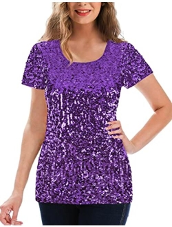 MANER Women's Full Sequin Tops Glitter Party Shirt Short Sleeve Sparkle Blouses S-3X