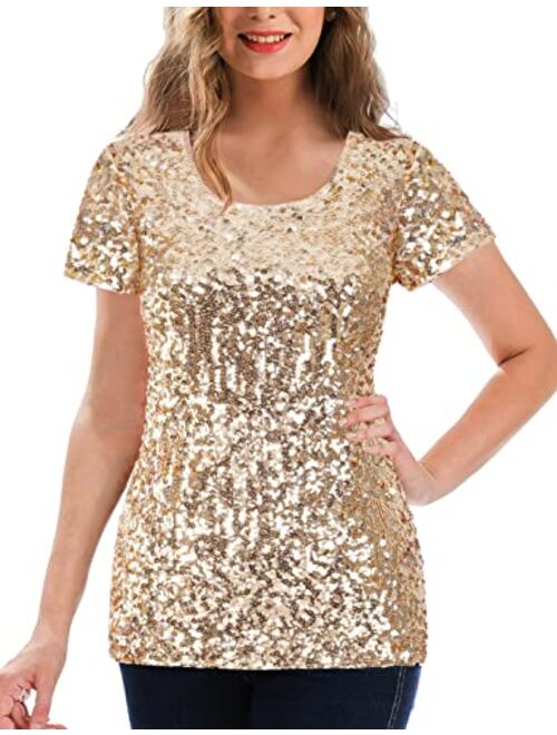 MANER Women's Full Sequin Tops Glitter Party Shirt Short Sleeve Sparkle Blouses S-3X