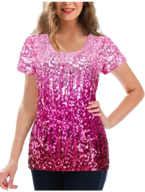 MANER Women's Full Sequin Tops Glitter Party Shirt Short Sleeve Sparkle Blouses S-3X