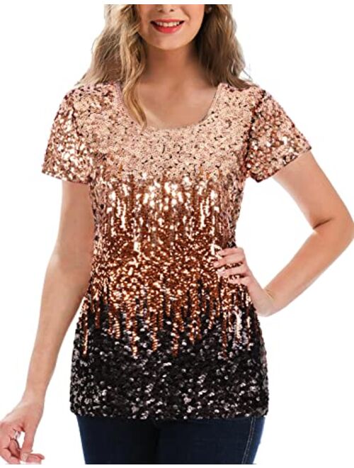 MANER Women's Full Sequin Tops Glitter Party Shirt Short Sleeve Sparkle Blouses S-3X