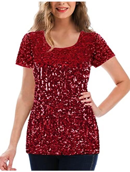 MANER Women's Full Sequin Tops Glitter Party Shirt Short Sleeve Sparkle Blouses S-3X