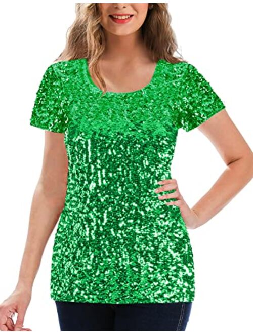 MANER Women's Full Sequin Tops Glitter Party Shirt Short Sleeve Sparkle Blouses S-3X