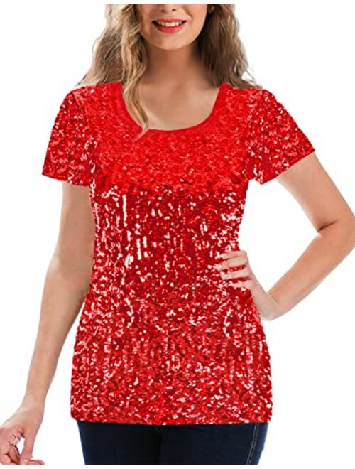 MANER Women's Full Sequin Tops Glitter Party Shirt Short Sleeve Sparkle Blouses S-3X