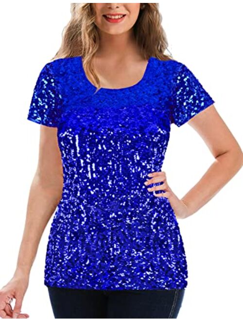 MANER Women's Full Sequin Tops Glitter Party Shirt Short Sleeve Sparkle Blouses S-3X