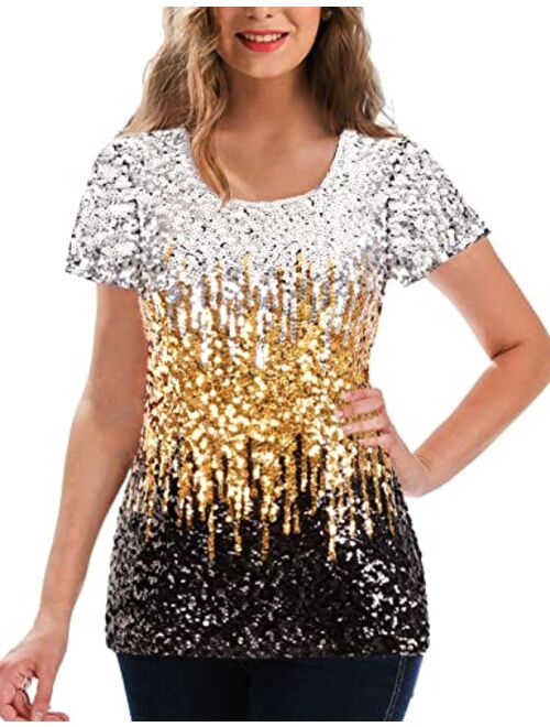 MANER Women's Full Sequin Tops Glitter Party Shirt Short Sleeve Sparkle Blouses S-3X