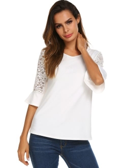 Meaneor 3/4 Sleeve Shirts for Women Womens Lace Tops Round Neck Solid Summer Blouse, S-XXL