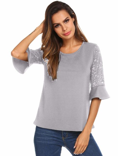 Meaneor 3/4 Sleeve Shirts for Women Womens Lace Tops Round Neck Solid Summer Blouse, S-XXL