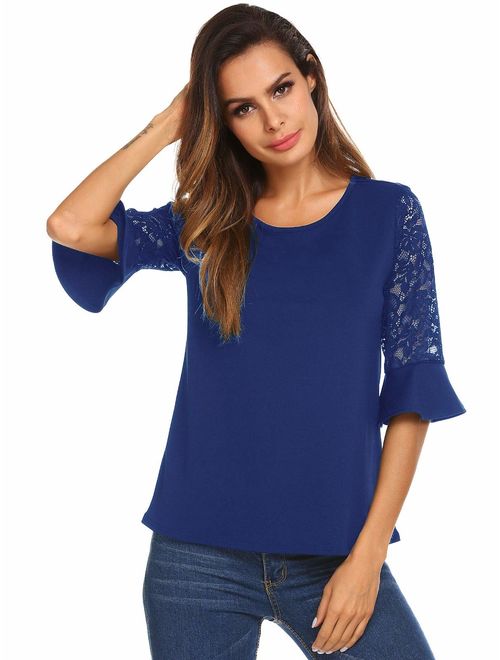 Meaneor 3/4 Sleeve Shirts for Women Womens Lace Tops Round Neck Solid Summer Blouse, S-XXL