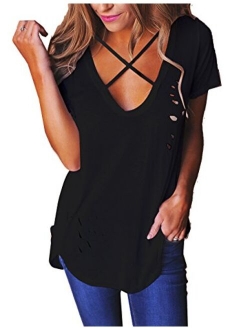 Relipop Women's Fashion Cross Front Deep V Neck Sexy Blouse Tops Shirts