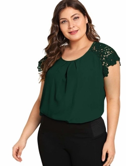 Women's Plus Size Short Sleeve Lace Hollow Round Neck Elegant Blouse