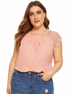 Women's Plus Size Short Sleeve Lace Hollow Round Neck Elegant Blouse