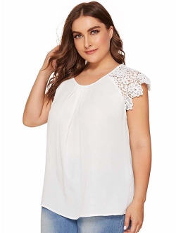 Women's Plus Size Short Sleeve Lace Hollow Round Neck Elegant Blouse