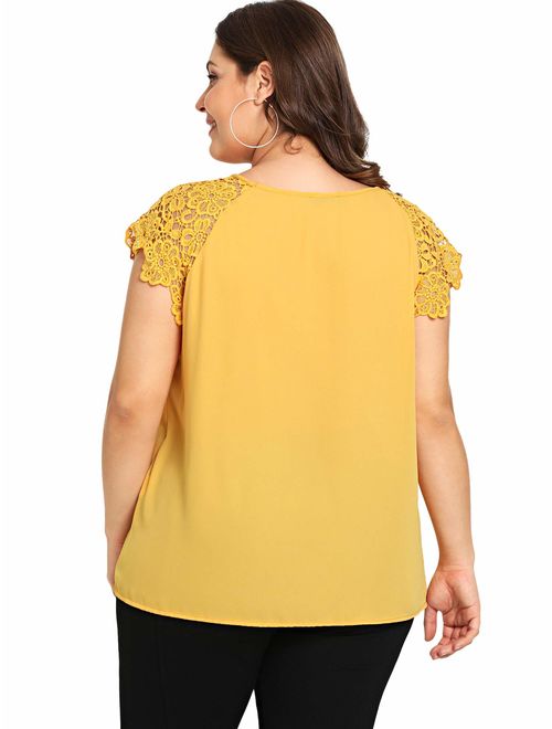 ROMWE Women's Plus Size Short Sleeve Lace Hollow Round Neck Elegant Blouse