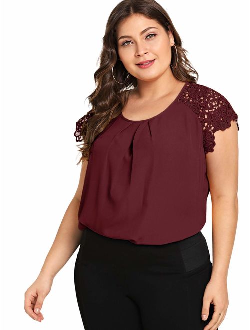 ROMWE Women's Plus Size Short Sleeve Lace Hollow Round Neck Elegant Blouse