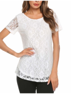 SoTeer Lace Blouse Women's Long Sleeve Casual Loose Boatneck Floral Lace Layered Tops