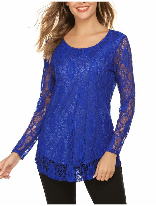 SoTeer Lace Blouse Women's Long Sleeve Casual Loose Boatneck Floral Lace Layered Tops